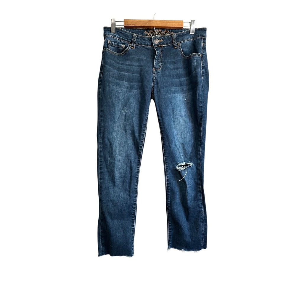 WAX JEAN Women's Size 11 Dark Wash Distressed Cropped Raw‎ Hem Denim Jeans